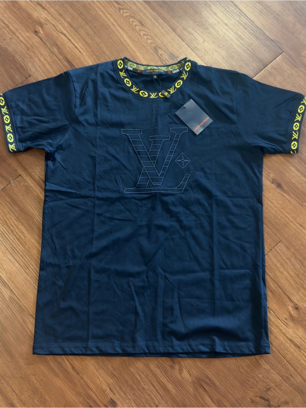 Louis Vuitton Navy Logo Cotton Tee with Yellow Trim